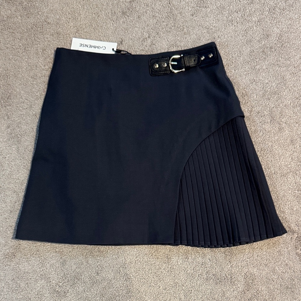 Commense Black Mini Skirt with Pleated Side Panel and Buckle